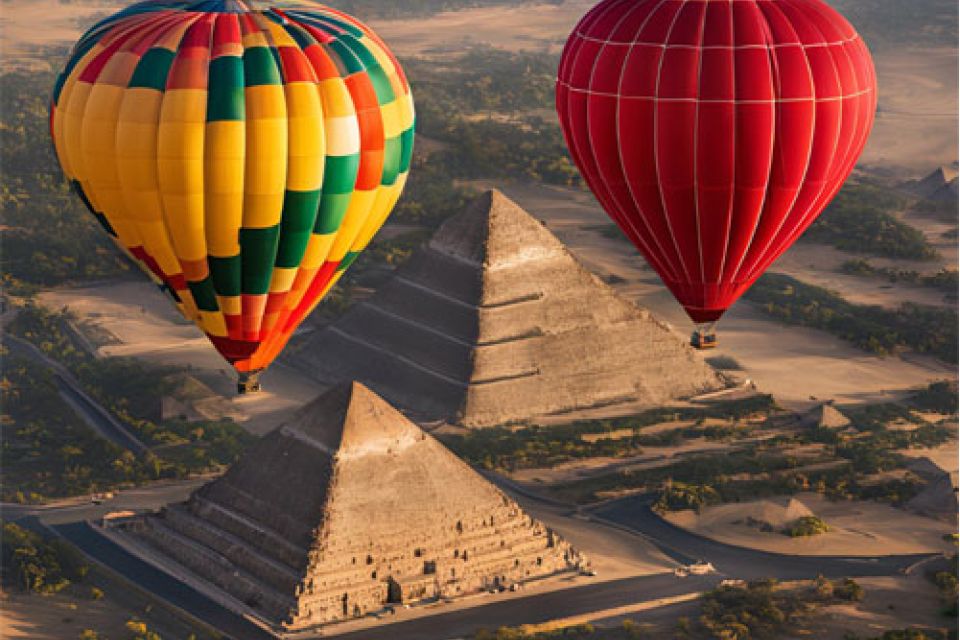 Hot air balloon over the pyramids in Mexico